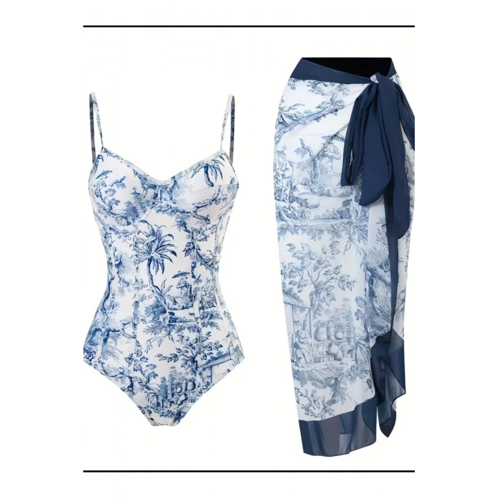 Vintage Mavi Çin Baskılı Push Up 2 Parça Mayo, Spagetti Askılı Şık Tek Parça B Plaj Önlüğü