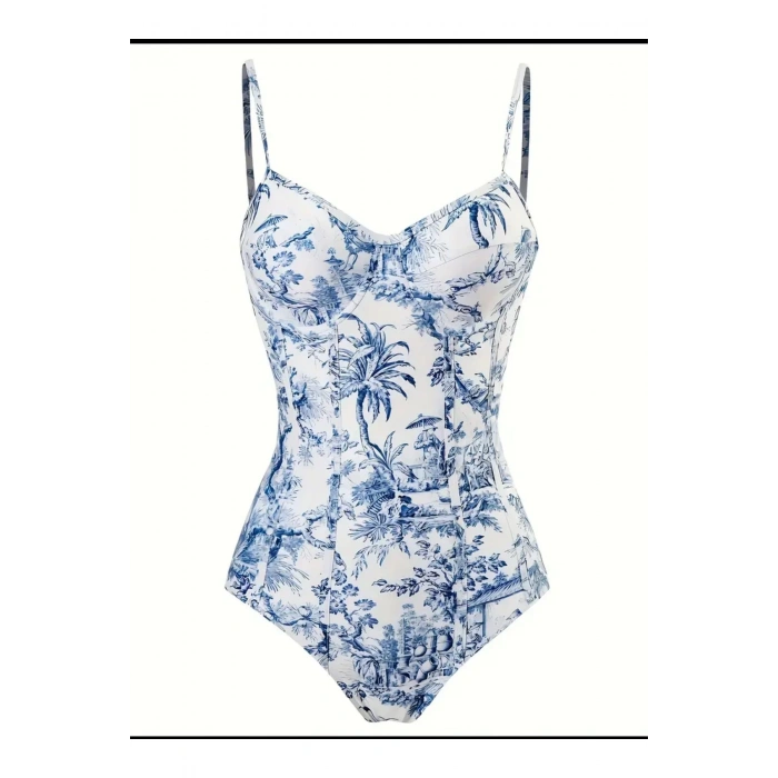 Vintage Mavi Çin Baskılı Push Up 2 Parça Mayo, Spagetti Askılı Şık Tek Parça B Plaj Önlüğü