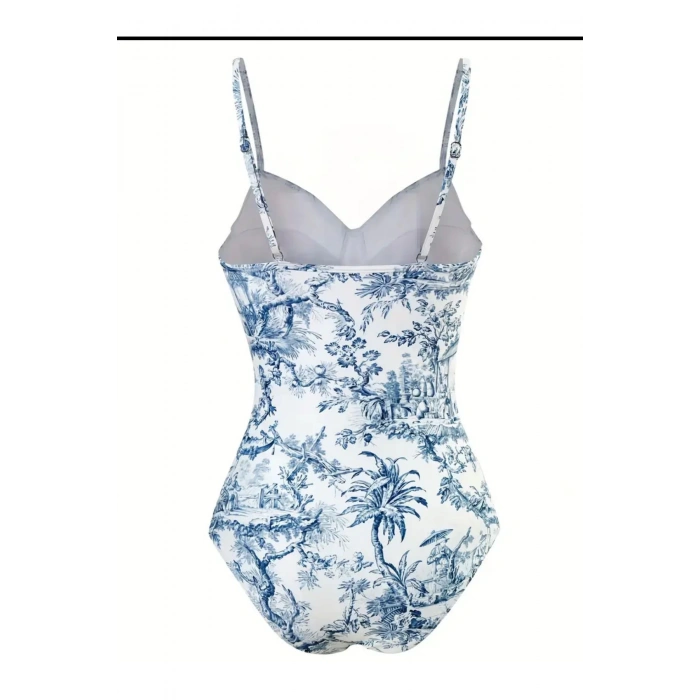 Vintage Mavi Çin Baskılı Push Up 2 Parça Mayo, Spagetti Askılı Şık Tek Parça B Plaj Önlüğü