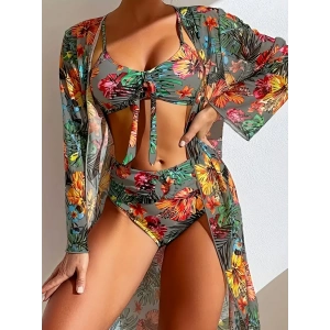 2025 Kadınlar için Robe Yelek Bikini Baskılı Çiçekli Mayo Bikini Seti Pareo Dahil