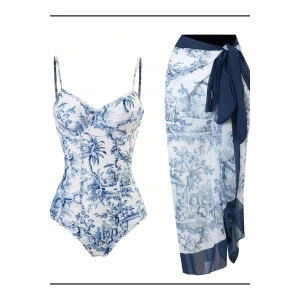 Vintage Mavi Çin Baskılı Push Up 2 Parça Mayo, Spagetti Askılı Şık Tek Parça B Plaj Önlüğü