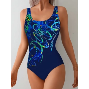 Kadınlar için Şık Lacivert Renkli Tek Parça Mayo, Soyut Çiçek Desenli, Yüksek Esneklikte Polyester Kumaş, Zayıflatıcı Bel Tasarımı, Makinede Yıkanabilir, Tatil Yüzme Giysisi | Şık Tek Parça Tasarım | Yüksek Esneklikte Kumaş