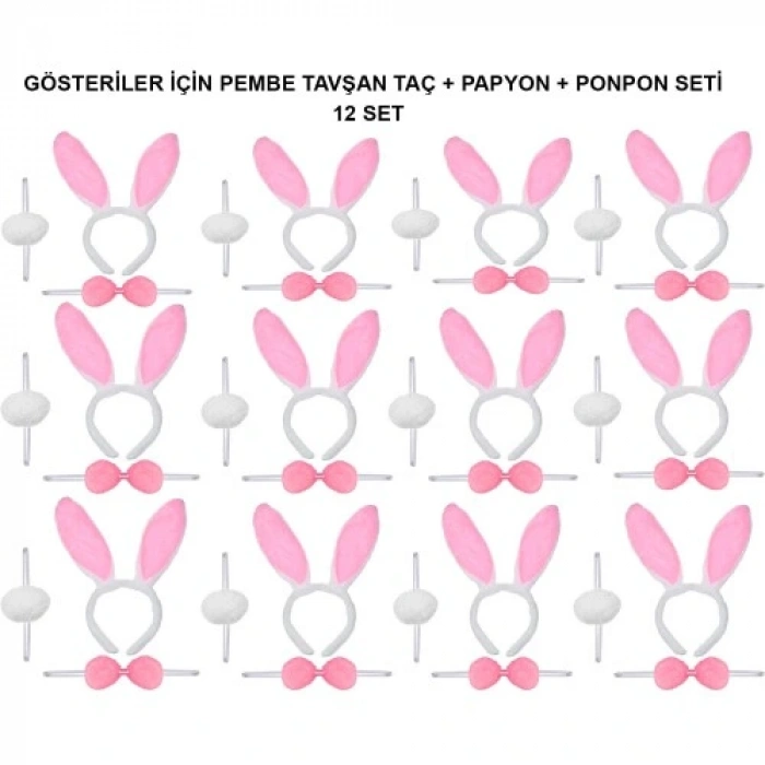 Pembe Tavşan Kostüm Seti – Taç, Papyon, Ponpon (12’li Paket)