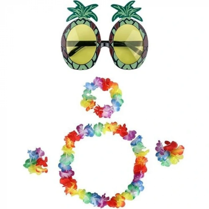 Renkli Ananas Gözlük, Taç, Kolye ve Bileklik Seti