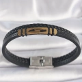 316L Çelik Gold Renk Aksesuarlı Çift Sıra Siyah Burgu Desenli Deri Kordon Erkek Bileklik