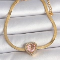 316L Çelik Gold Renk İtalyan Zincir Pembe Zirkon Taşlı Kalp Model Kadın Bileklik