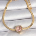 316L Çelik Gold Renk İtalyan Zincir Pembe Zirkon Taşlı Kalp Model Kadın Bileklik