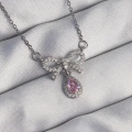 316L Çelik Gümüş Renk Fiyonk Detay Pembe Zirkon Taşlı Damla Kolye