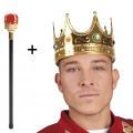 Altın Renk 60 Cm Kral Tacı Kraliyet Tacı Ve Kırmızı Topuzlu Kral Asası Seti