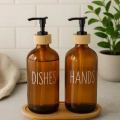 Amber Cam İkili Sıvı Sabunluk Seti 500 ml Bambu Altlıklı