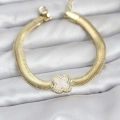 BFS 316L Çelik Gold Renk Beyaz Yonca Model Zirkon Taşlı Yılan Zincirli Kadın Bileklik