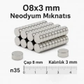 ÇOK SATAN 1 Adet 8x3mm Yuvarlak Neodyum Mıknatıs Güçlü Nikel Kaplamalı Kaliteli Dayanıklı Magnet