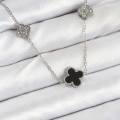 316L Çelik Zincir Gümüş Renk Siyah ve Zirkon Taşlı Yonca Kadın Kolye