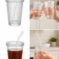 ÇOK SATAN 4 Adet Latte Kapaklı Pipetli Kristal Desen Fenomen Bardak Soğuk Kahve, Smoothie, İçecek Bardağı
