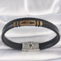 BFS 316L Çelik Gold Renk Aksesuarlı Çift Sıra Siyah Burgu Desenli Deri Kordon Erkek Bileklik