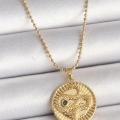 BFS 316L Çelik Gold Renk Topçuk Zincir Yılan İşlemeli Zirkon Taş Detaylı Madalyon Model Kadın Kolye