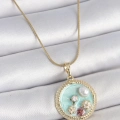 BFS 316L Çelik Gold Renk Zincir Mavi Mineli İnci Çiçek İşlemeli Zirkon Taş Detaylı Madalyon Model Kadın Kolye