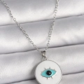 BFS 316L Çelik Gümüş Renk Zincir Beyaz Mineli Turkuaz Göz İşleme Model Kadın Kolye