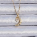 BFS 316L Çelik Zincir Altın Renk Zirkon Taşlı Sallantılı Ay Yıldız Kolye