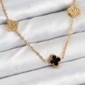 BFS 316L Çelik Zincir Gold Renk Siyah ve Zirkon Taşlı Baby Boy Yonca Kadın Kolye
