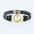 BFS Gold Renk Deniz Çapası Figürlü Metal Aksesuarlı Siyah Renk Deri Erkek Bileklik