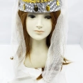 BFS Nessiworld  Beyaz Duvaklı Altın Pul İşlemeli Kına Fesi Kına Şapkası Oryantal Şapkası