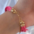 BFS Pembe Renk Zirkon Taşlı Metal Aksesuarlı İpli Çoklu Bileklik