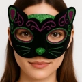 BFS   Siyah Kadife Kaplama Üzeri Pembe Yeşil Sim İşlemeli Kedi Maskesi 20x13 cm