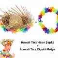 ÇOK SATAN Hawaii Tarzı Tropikal Çiçekli Hasır Şapka ve Çiçekli Hawaii Kolye