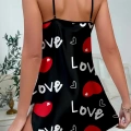 ÇOK SATAN Love Desenli Siyah Saten Gecelik