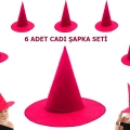 ÇOK SATAN Pembe Fuşya Renk Keçe Cadı Şapkası Yetişkin Çocuk Uyumlu 6 Adet