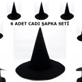 ÇOK SATAN Siyah Cadı Şapkası Keçe Yetişkin Boy 6 Adet