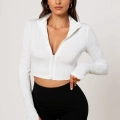 Kadın Beyaz Uzun Kol Fermuarlı Parmak Geçme Detaylı Dik Yaka Crop Top Bluz