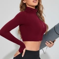 Kadın Bordo Uzun Kol Fermuarlı Parmak Geçme Detaylı Dik Yaka Crop Top Bluz