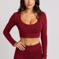 Kadın Bordo Uzun Kol Kare Yaka Crop Top Bluz