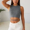 Kadın Gri Çapraz Bağlamalı Crop Top Büstiyer – Modern ve Şık Tasarım