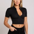 Kadın Siyah Yarım Fermuarlı ve Kısa Kollu Crop Top Bluz