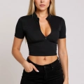 Kadın Siyah Yarım Fermuarlı ve Kısa Kollu Crop Top Bluz