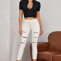 Kadın Siyah Yarım Fermuarlı ve Kısa Kollu Crop Top Bluz