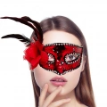 Kırmızı Yandan Tüylü Güllü Taşlı Pullu Maske