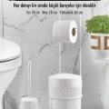 Metal Standlı Yuvarlak Kovalı & Kağıtlıklı & Fırçalıklı Beyaz Banyo Takımı