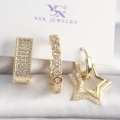 Pirinç Gold Renk Zirkon Taşlı Yıldız Figür Halka Model 3Lü Kadın Kombin Küpe