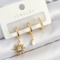 Pirinç Zirkon Taşlı Güneş Model Gold Renk 3lü Çift Kadın Küpe Set