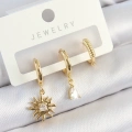 Pirinç Zirkon Taşlı Güneş Model Gold Renk 3lü Çift Kadın Küpe Set