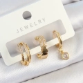 Pirinç Zirkon Taşlı Halka Model Gold Renk 3lü Çift Kadın Küpe Set