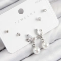 Pirinç Zirkon Taşlı İnci Sallantılı Damla Model Gümüş Renk 925 Ayar Gümüş Çivi Kadın Küpe Set