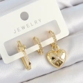 Pirinç Zirkon Taşlı Kalp Model Gold Renk 3lü Çift Kadın Küpe Set