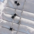 316L Çelik Gümüş Renk Minimal Siyah Mineli Yonca Kolye
