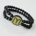 Sarı Renkli Metal Üzerine Siyah Kayı Boyu Figürlü Siyah Renk Çift Sıra Doğal Taş Erkek Bileklik