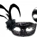 Siyah Yandan Tüylü Güllü Taşlı Pullu Maske
